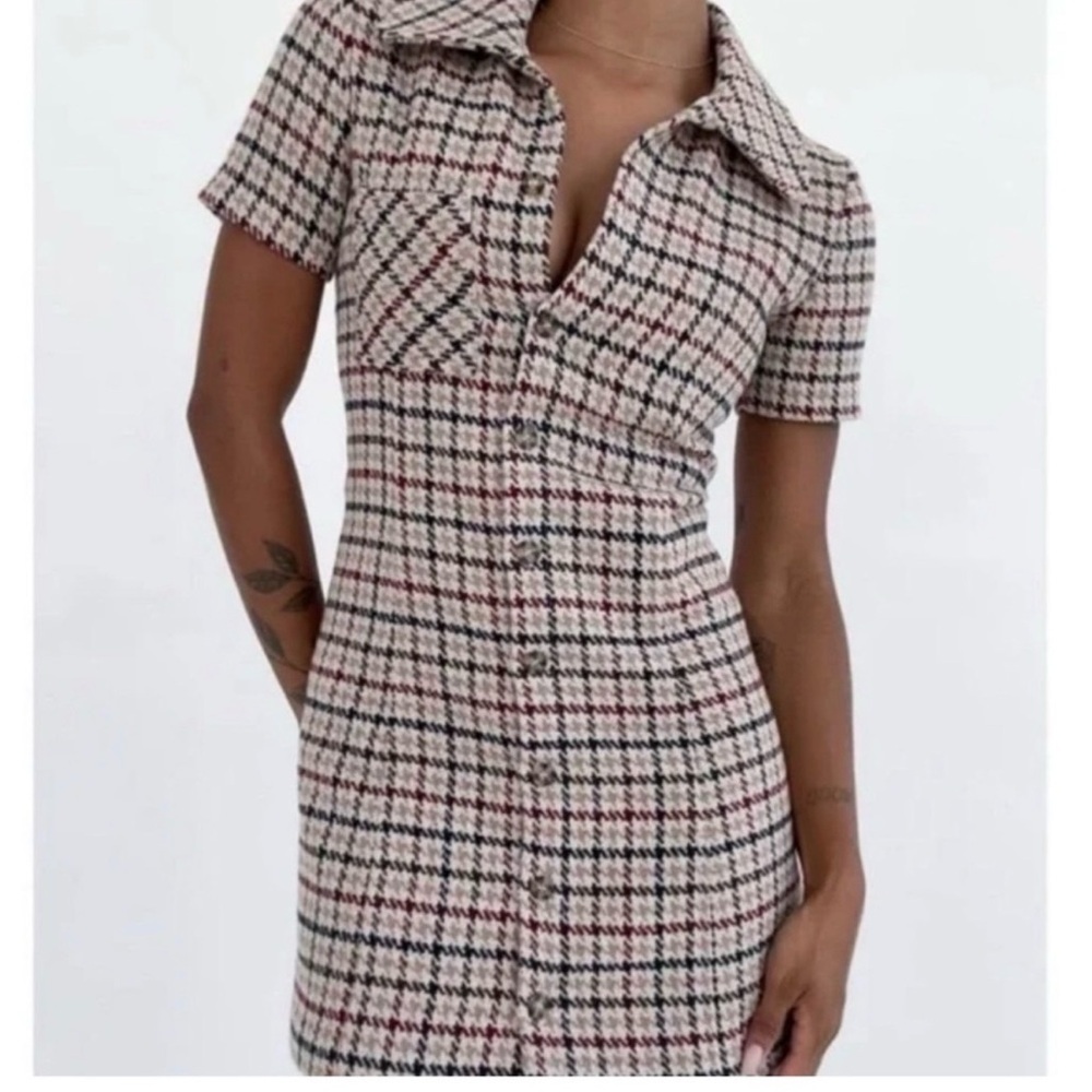 Rumored Notting Hill Wool Blend Tweed Mini Dress M Plaid Button Front Collared